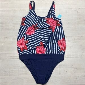 Yonique Charming Two Piece High Neck Tankini Bathing Suits For Women-Blue Floral
